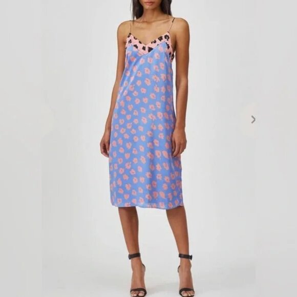 NWT Womens Equipment 100% Silk Pink Blue Rose Jacquard Jules Slip Dress L - Picture 1 of 14